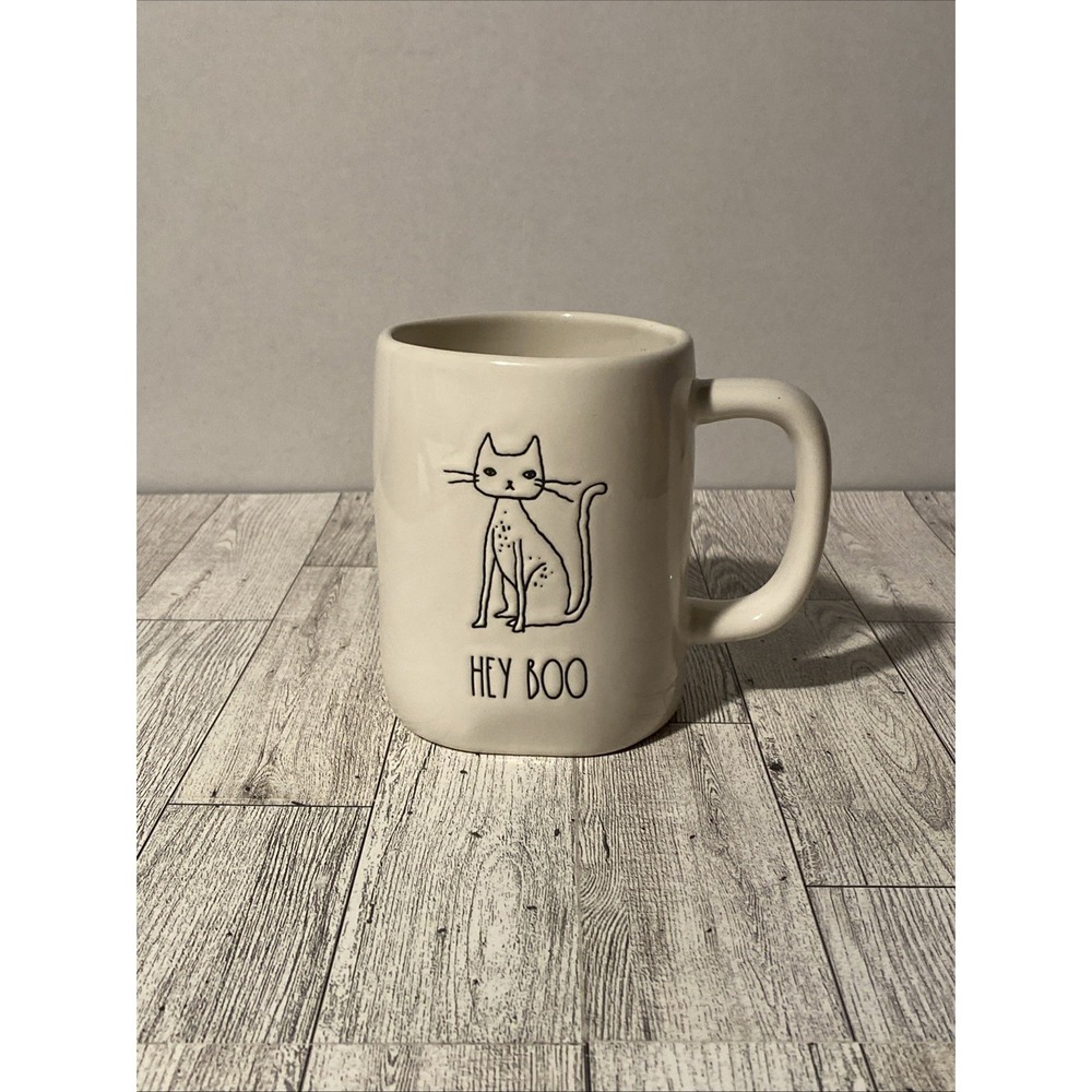Rae Dunn Artisan Magenta Ceramic HEY BOO Cat Halloween Coffee Mug 18oz EUC